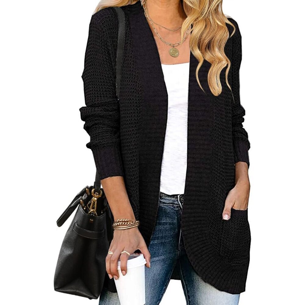 Women's Long Sleeve Open Front Chunky Knit Cardigan in Elegant Black, Size L